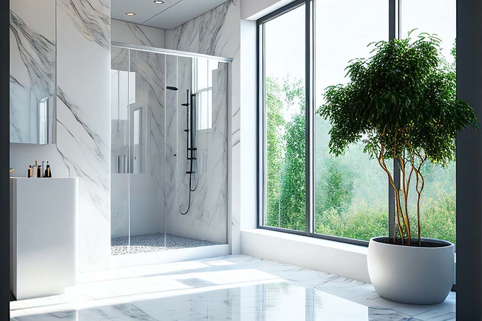 combinar vidrio con marmol y hormigón