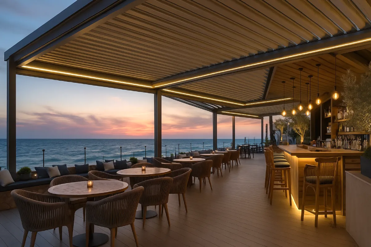 terraza cafeteria con Pérgolas Bioclímáticas